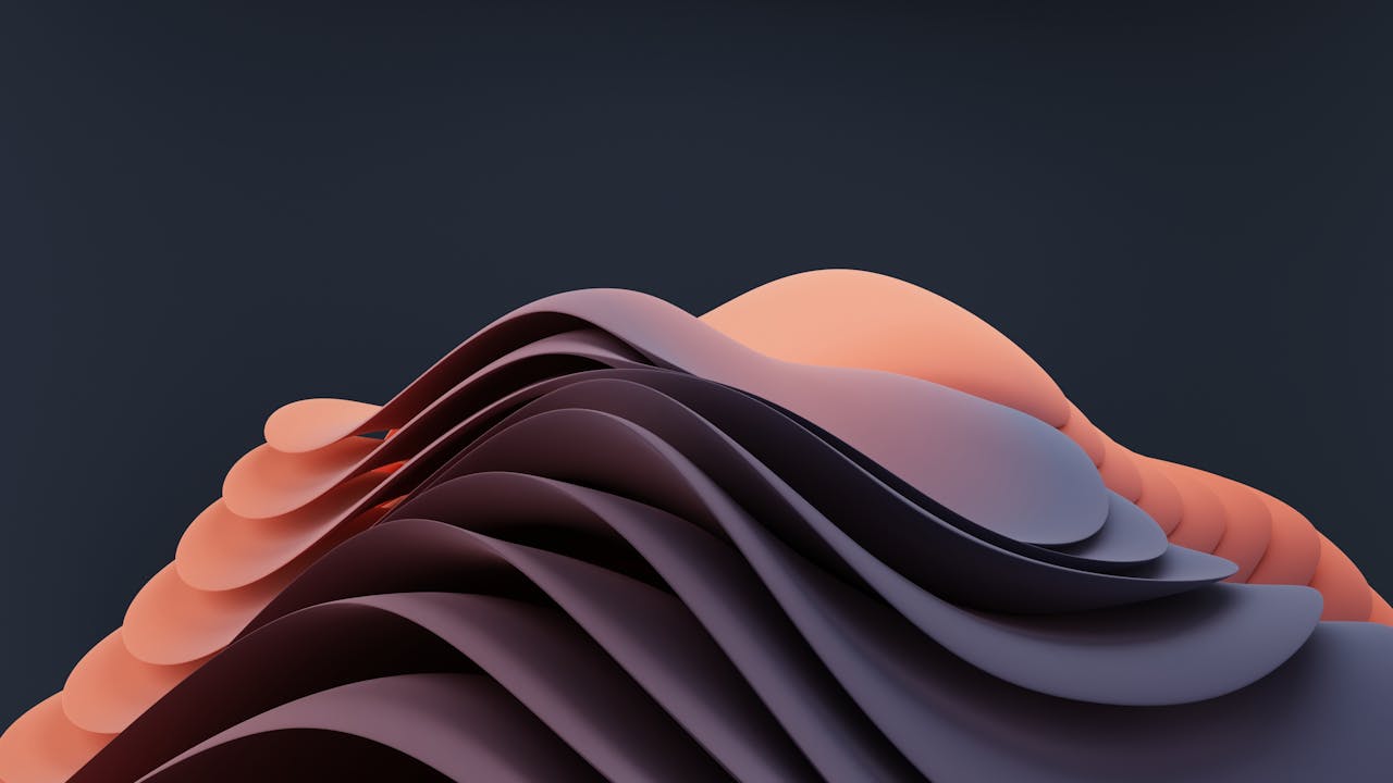 Abstract artistic composition of flowing waves in soft orange and purple hues.